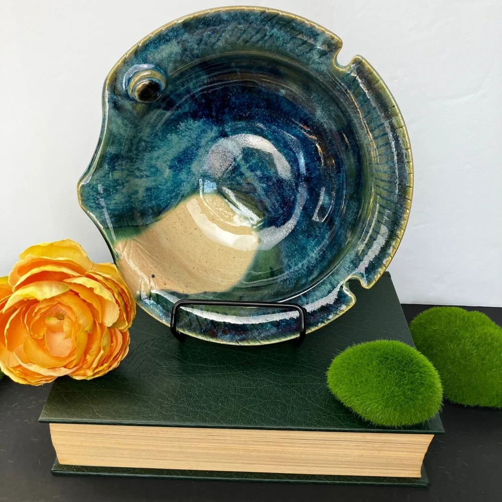 James Lawson Pottery Fish Bowl 1994 Vintage Blue Teal Drip Glaze Handcrafted Art